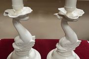 Vintage Leeds Creamware Dolphin / Fish Candlesticks