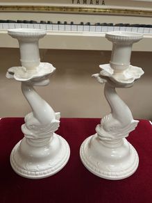 Vintage Leeds Creamware Dolphin / Fish Candlesticks