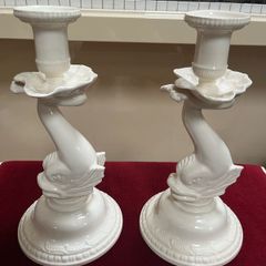 Vintage Leeds Creamware Dolphin / Fish Candlesticks