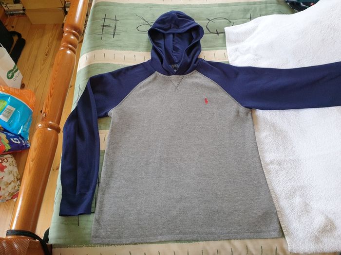 Ralph Lauren Boys Sweatshirt Gray Hoodie Navy Sleeves 10 to 12 Years Large