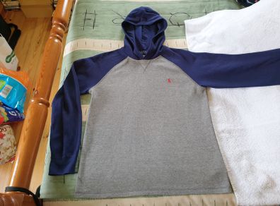 Ralph Lauren Boys Sweatshirt Gray Hoodie Navy Sleeves 10 to 12 Years Large
