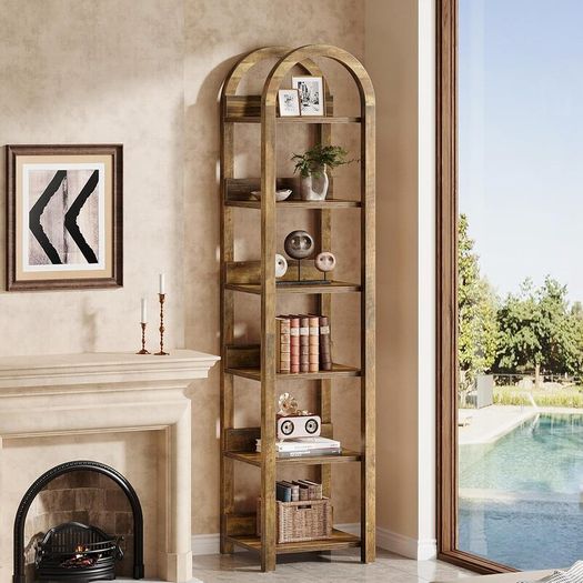 6 Tier Slim Bookcase 71 Inch Tall Arched Bookcase with Shelves for Small Space Narrow Display Shelf Wood Open Storage Shelf