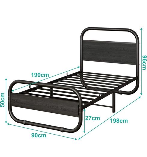 Single Bed Frame with Headboard, Black Single Bed 90x190 cm
