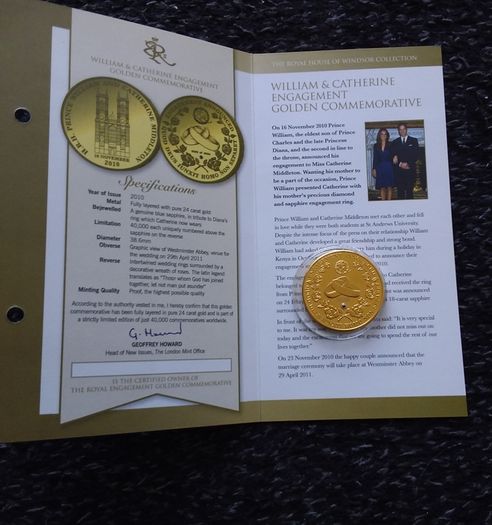 Royal Engagement 24k Gold Plated Commemorative Medal with Genuine Blue Sapphire and COA ( No. 01574 / 40,000 )