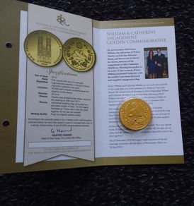 Royal Engagement 24k Gold Plated Commemorative Medal with Genuine Blue Sapphire and COA ( No. 01574 / 40,000 )