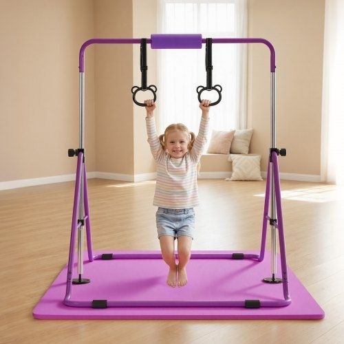 Gymnastic Bars for Kids, 63.5 kg Capacity Folding Training Kip Bar with Mat, Adjustable Height Gymnastic Horizontal Bar for Home, Training Equipment for Indoor Outdoor, Easy to Assemble, Purple