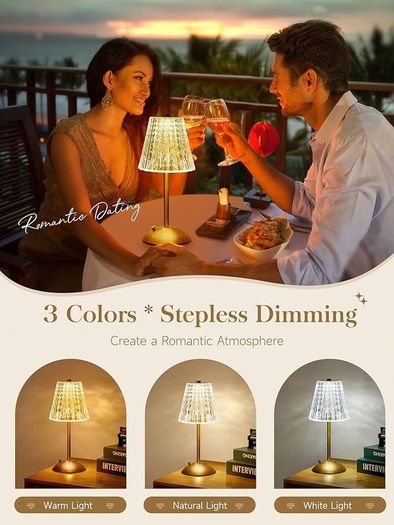 Table Lamp, Touch Lamps Bedside Lamp, 10-Way Dimmable Crystal Lamp, 3 Colors Rechargeable Lamp,Cordless Lamp for Bedroom,Touch Lamp, Gold Lamp,Table Lamps for Living Room Bedroom Dinner Bar