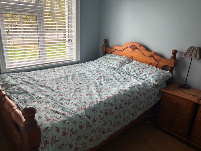 Solid wood Double bed frame & matching Lockers (mattress not included).