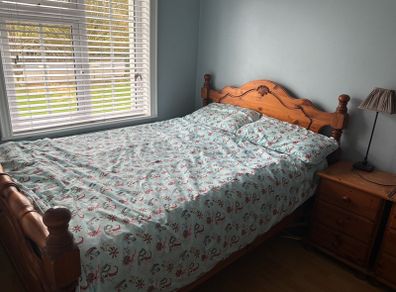 Solid wood Double bed frame & matching Lockers (mattress not included).