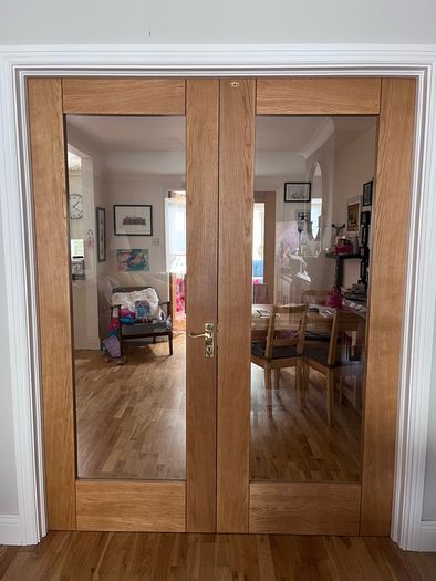 Solid wood internal double doors with glass panels