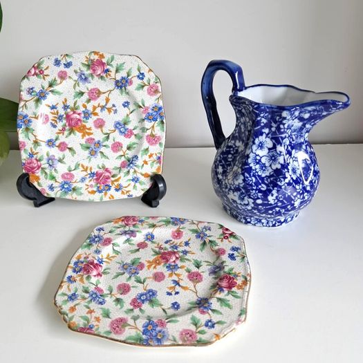 .. PRICE DROP.. Porcelain Lot - Milk jug, chintz plates.