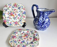 .. PRICE DROP.. Porcelain Lot - Milk jug, chintz plates.