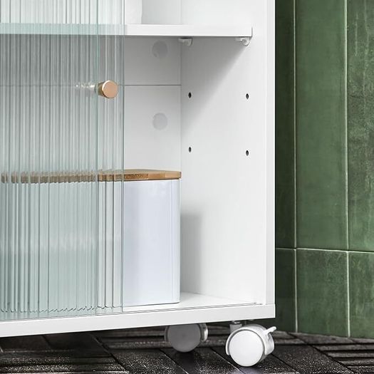 Bathroom Cabinet with 2 glass doors slim white compact  stylish on wheels