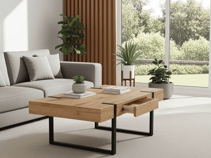 Ines Industrial Coffee Table with Drawer Oak Top