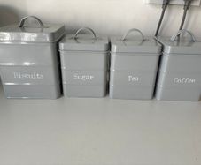 Sugar, tea, coffee and biscuit tins