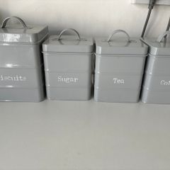 Sugar, tea, coffee and biscuit tins