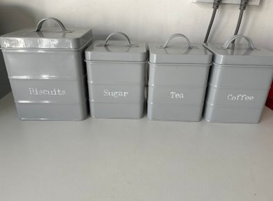Sugar, tea, coffee and biscuit tins