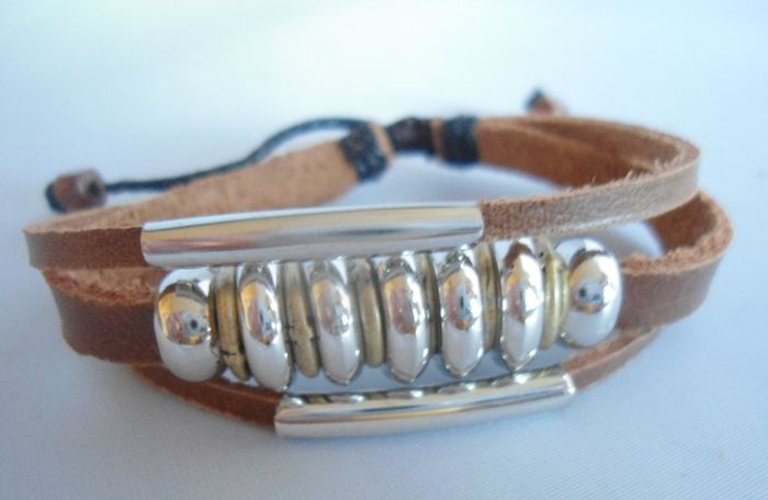 Mens Tribal Soft Tan Leather  Surf  Bracelet  With Metal Beads.