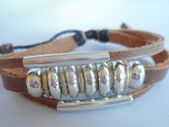 Mens Tribal Soft Tan Leather  Surf  Bracelet  With Metal Beads.