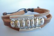 Mens Tribal Soft Tan Leather  Surf  Bracelet  With Metal Beads.