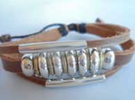 main image for ad Mens Tribal Soft Tan Leather  Surf  Bracelet  With Metal Beads.