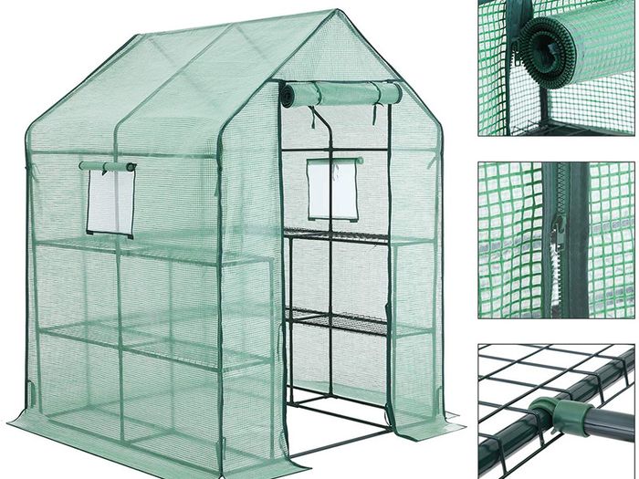 _Walk-In Garden Shed with 10 Shelves Greenhouse with Roll Up Door Tomato House Vegetables Outdoor Garden 143 x 143 x 195 cm