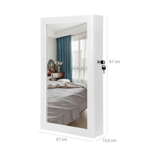Stylish jewelry cabinet hanging  hanging, jewelry cabinet, wall mirror for hanging, with door and magnetic closure, wall mounting, with mirror, for wall 67x37x10.5 cm White