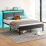 4FT6 Double Bed Frame, Metal Platform Upholstered Bed Frame with Storage Headboard, Heavy Duty Metal Bed Double Size with LED Lights and Charging Station,Mattress Foundation (Black) Image 5
