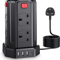 Tower Extension Lead, [13A 3250W] Surge Protector Extension Lead,8 AC Outlets & 4 USB Ports Multi Plug Socket Power Strip with 3M Extension Cable for Home, Office