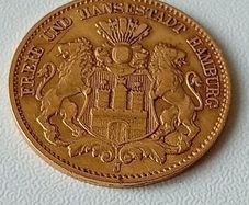 1893 J Gold German States Hamburg 10 Mark Gold Coat Of Arms Coin