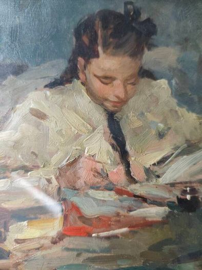 Oil painting of a girl reading at a desk