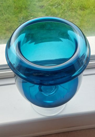 Stunning Vintage Oversized Hand-Blown Glass Brandy Balloon Vase With a Turnover Rim, In a Fantastic Petrol Blue with a Clear Stem and Foot, Perfect as a Hurricane-Style Candle Holder
