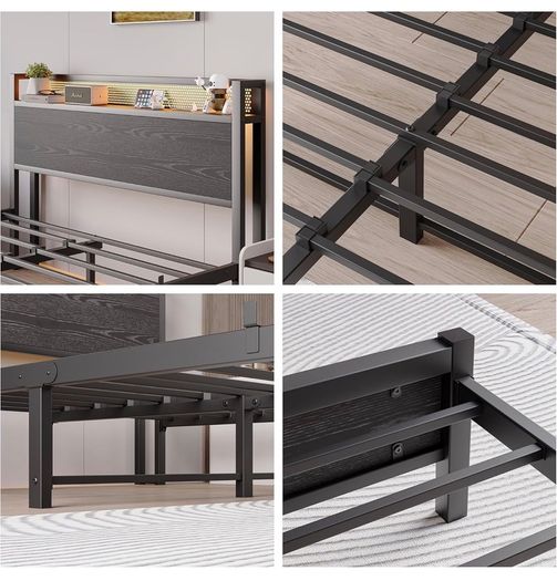 King Size Bed Frame with Storage,LED Lights,5ft Metal Bed Frame Kingsize Bed Frame with Charging Station,Mattress Foundation,Strong Steel Slats Support,Noise Free,Black