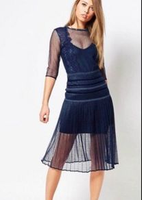 Body Frock Louisa Navy Lace Pleated Midi Dress with Slip, Size 14 (fits 10-12), Occasion/Wedding Guest