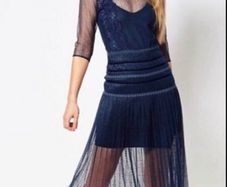 Body Frock Louisa Navy Lace Pleated Midi Dress with Slip, Size 14 (fits 10-12), Occasion/Wedding Guest