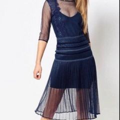 Body Frock Louisa Navy Lace Pleated Midi Dress with Slip, Size 14 (fits 10-12), Occasion/Wedding Guest