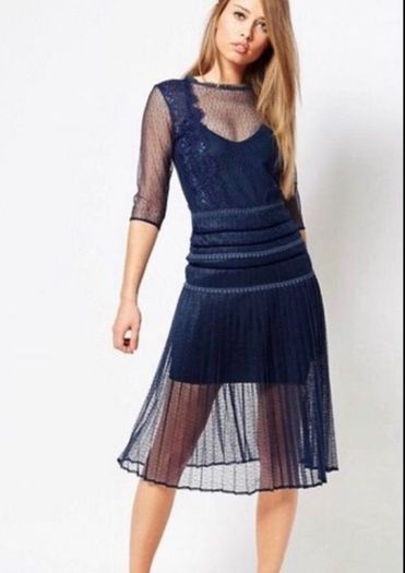 Body Frock Louisa Navy Lace Pleated Midi Dress with Slip, Size 14 (fits 10-12), Occasion/Wedding Guest
