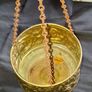 Vintage Brass Hanging Planter likely originates from England and features an embossed floral or rose pattern. The piece has developed a natural verdigris patina over time, postage available or collection Image 4