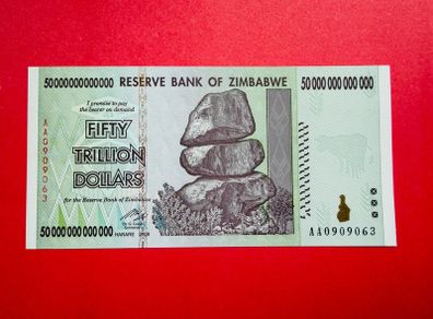 Zimbabwe  Fifty Trillion Dollars  2008 Verified Under Uv Light  ( Uncirculated ) Pick. 90 Scarce