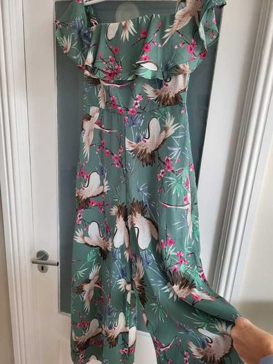 FOREVER UNIQUE green birds wide leg bardot jumpsuit Sz 12 - Rrp 249 (New)