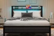 4ft6 Upholstered Bed Frame Double Bed with Charging Station/USB Ports and LED Lights
