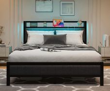 4ft6 Upholstered Bed Frame Double Bed with Charging Station/USB Ports and LED Lights