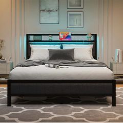 4ft6 Upholstered Bed Frame Double Bed with Charging Station/USB Ports and LED Lights