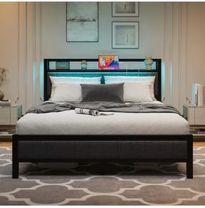 4ft6 Upholstered Bed Frame Double Bed with Charging Station/USB Ports and LED Lights