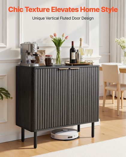 Coffee Bar Cabinet, Mid Century Fluted Coffee Bar Table with 2-Tier Storage, Buffet Stand Cabinet with Barn Door