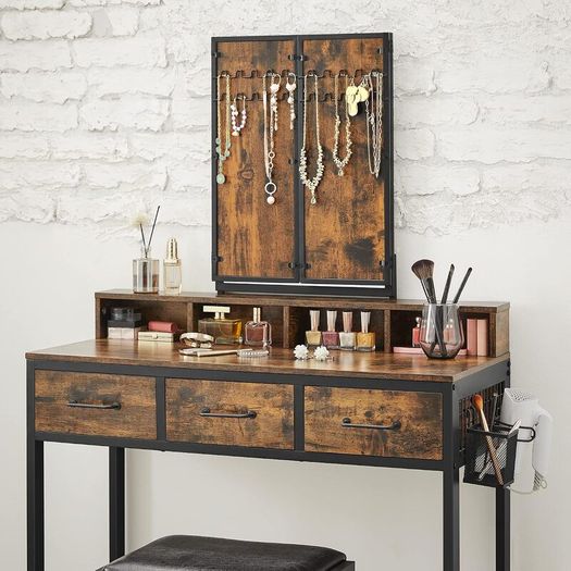 Industrial Dressing Table with Mirror and Stool, Vanity Table with Tri-Fold Mirror, 3 Drawers, Hair Dryer Holder, Makeup Desk
