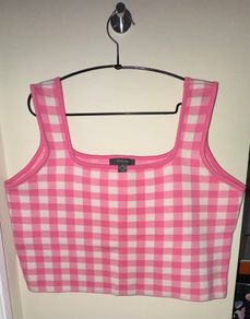 Primark Pink and White Gingham Check Pattern Cropped Tank Top