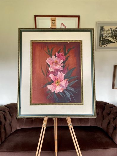 Vintage Peonies Floral Original Acrylic Painting In Ornate Frame