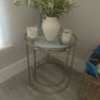 Harrison Nickel and Glass Nest of Tables Harrison Nickel and Glass Nest of Tables   Add a bespoke focal point to your living room, with these beautiful Nickel and Glass Nest of tables.   Dimensions:   Small Table: Diameter 40cm Height 45cm   Large Table: Image 4