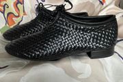 REBECCA WHITE Black Leather Woven Flats